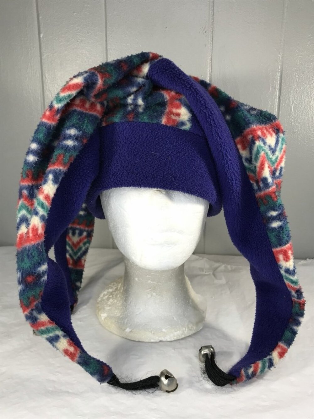 Vintage 90s Snowboard Ski Jester Hat Mens Geometric Fleece Bells Blue